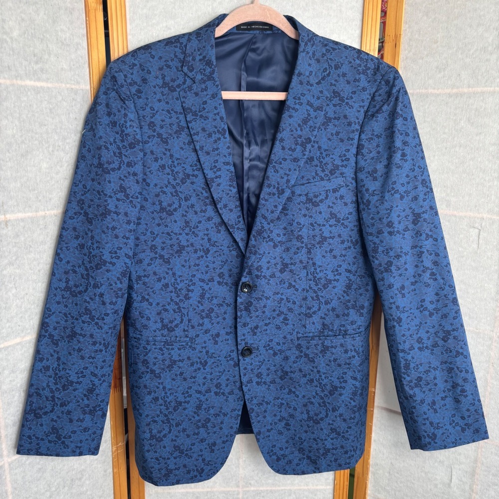 Perry Ellis Portfolio 38R Blue Floral Jacquard Two Button Blazer Jacket Men Slim